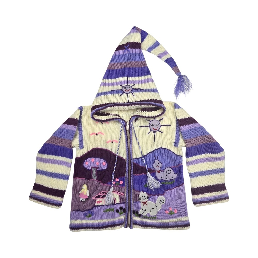 Culgar Kids Purple Striped Wool Blend Gnome Hooded Zip Up Cardigan Sweater